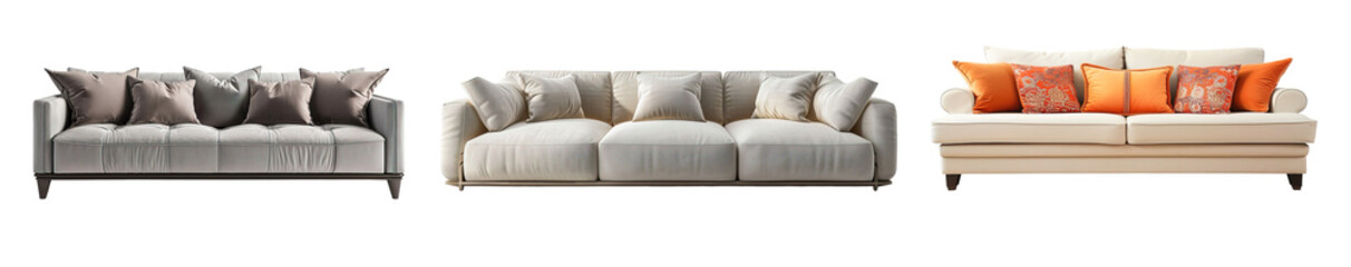 Collection of modern comfy big sofas over isolated transparent background. Interior design and furniture concept