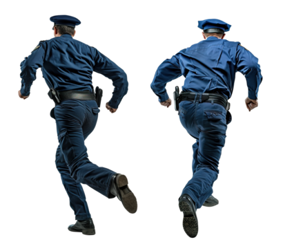Two police men running back view full body shot over isolated transparent background