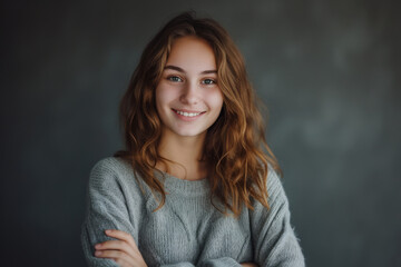 A woman in a grey sweater smiles with her arms crossed - obrazy, fototapety, plakaty