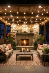 Fototapeta premium outdoor patio in spring, with night lights and fireplace 