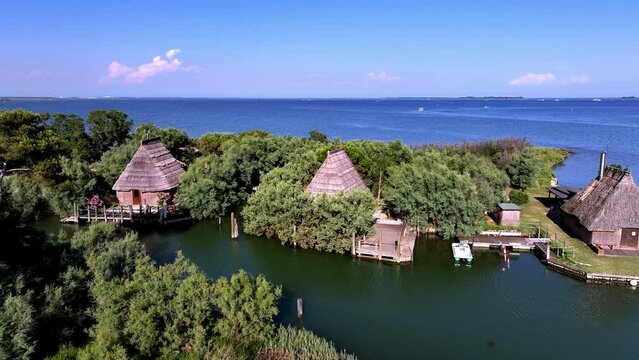 drone view of typical casoni in the marano' s lagoon