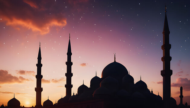 latar belakang yang tenang dengan siluet masjid dengan latar belakang matahari terbenam atau langit malam berbintang.