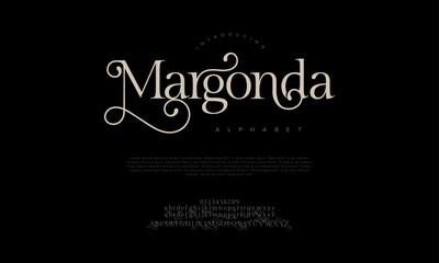 Margonda premium luxury elegant alphabet letters and numbers. Elegant wedding typography classic serif font decorative vintage retro. Creative vector illustration