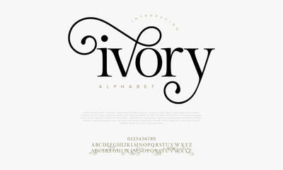 Ivory premium luxury elegant alphabet letters and numbers. Elegant wedding typography classic serif font decorative vintage retro. Creative vector illustration