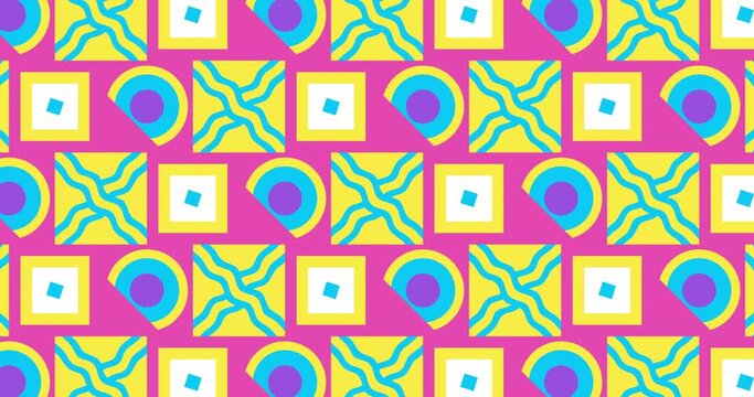 Geometric loop abstract background. Modern Animated Geometric pattern or background. 4K resolution geometric motion design. Abstract moving shapes background with circles, squares and triangular.