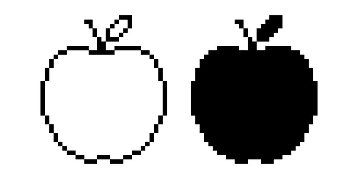 black white pixel art apple fruit icon