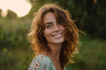 A woman with red hair and blue eyes smiles for the camera