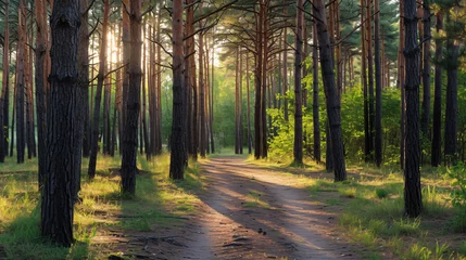Foto op Canvas Pine forest panorama in summer. Pathway in the panorama. © Fary