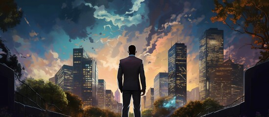 A suited man standing before a city skyline, exuding confidence and professionalism.
