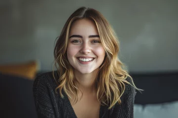 Zelfklevend Fotobehang A woman in a black sweater smiles for the camera © MagnusCort