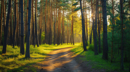 Pine forest panorama in summer. Pathway in the panorama.