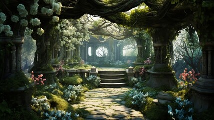 Fototapeta premium Enchanting Whispers Beneath the Canopy of Dreams: Unveiling the Hidden Wonders of a Secret Garden's Mystical Realm in a Symphony of Nature's Beauty and Magic