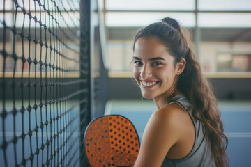 A woman is smiling while holding a paddle on a tennis court