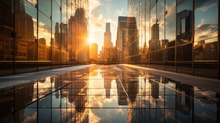 Modern urban downtown skyscrapers, reflection of window glass building with day light, business finance wallpaper background. - obrazy, fototapety, plakaty