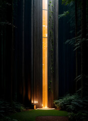 Light in the dark forest at night