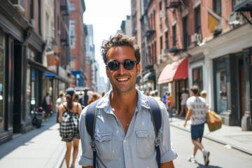 A man wearing sunglasses is walking down a city street