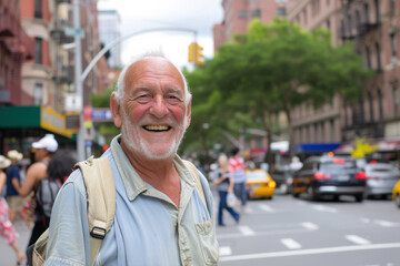 An older man wearing a backpack smiles for the camera