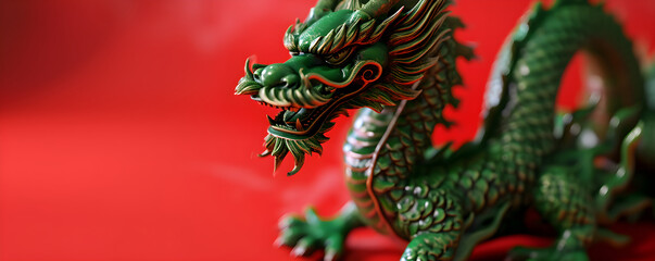 Fototapeta premium Green Chinese Dragon on red background. The year of the Dragon in China and Eastern Asia. One of the Chinese zodiac signs. New Year of the Dragon 2024. Card or banner with copy space