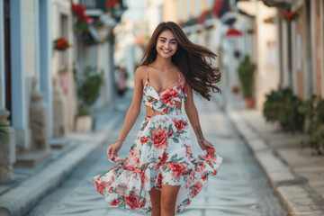 Fototapeta premium A woman in a floral dress with a tattoo on her arm