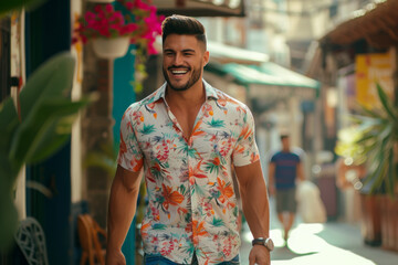 A man wearing a floral shirt is walking down a street