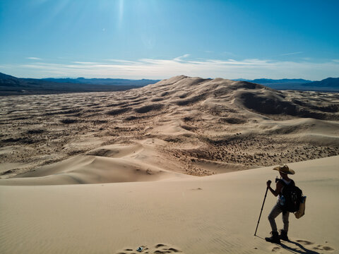 hiker crossing the mohave desert 