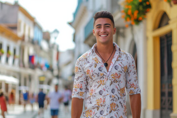 A young man wearing a floral shirt smiles for the camera