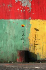 A colorful wall and flower in a pot, with interesting angles and view. 