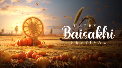 Happy Baisakhi design template, wheat field for Punjabi harvest festival Vaisakhi - obrazy, fototapety, plakaty