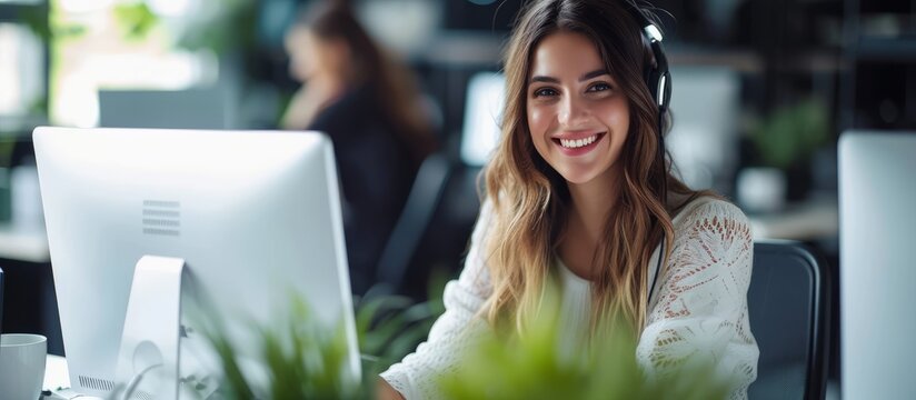 Female employee providing customer support and using AI for FAQs at an online call center or remote telemarketing business, with a cheerful attitude, sitting at a desk as an office CRM consultant.