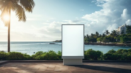 An empty billboard on a beachfront promenade with palm trees and ocean backdrop