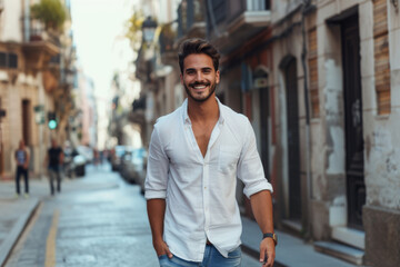 Obraz premium A man in a white shirt is walking down a street