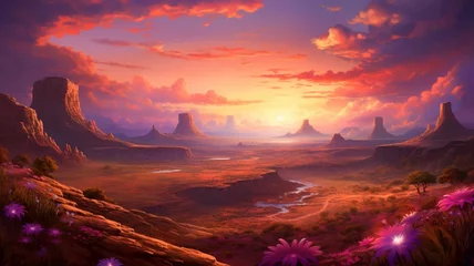 Foto op Canvas Crimson Peaks: A Majestic Sunset Embraces the Sculpted Grandeur of Rigged Mountains, Painting the Sky with the Radiant Palette of a Setting Sun's Fiery Glow © Being Imaginative