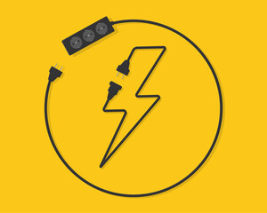Electrical extension cord in the form of an electrical sign, lightning. Power strip. Electrical socket with plug. Wires, cables, high voltage sign. Сonnection and disconnection. Vector illustration.