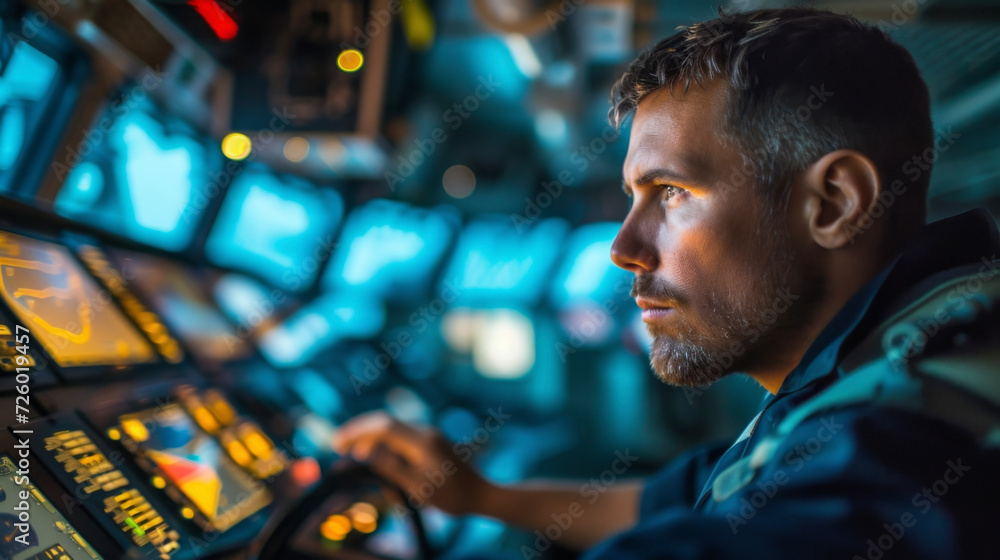 Poster a sailor monitoring the ships navigation and cargo management systems from the control room utilizin