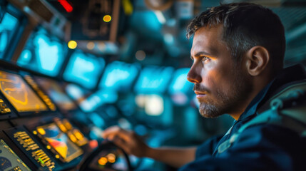 A sailor monitoring the ships navigation and cargo management systems from the control room utilizing touch screens and computer screens to ensure smooth operation.