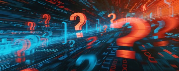 red question marks in a digital data stream, representing online search and information overload