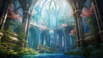 A mysterious cathedral in overgrown ruins, Generative AI
