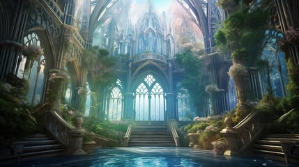 A mysterious cathedral in overgrown ruins, Generative AI