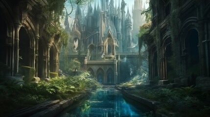 A mysterious cathedral in overgrown ruins, Generative AI