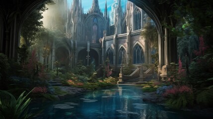 A mysterious cathedral in overgrown ruins, Generative AI