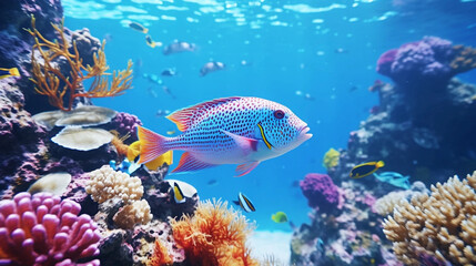 colorful coral reef and fishes