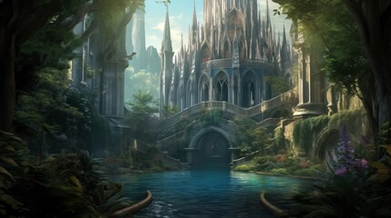 A mysterious cathedral in overgrown ruins, Generative AI