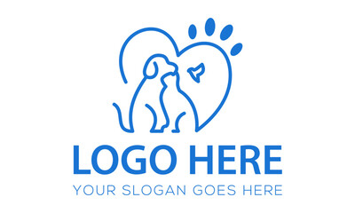 Blue Color Line Art Dog and Cat Paw Logo Design