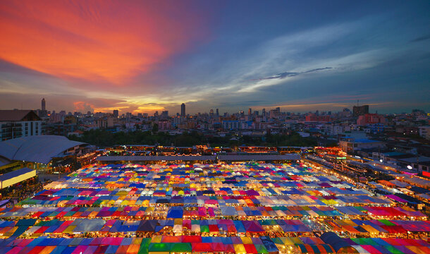 Night Market, The Train of Ratchada at Bangkok city at sunset, Thailand