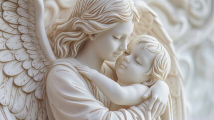 A compionate angel holds a newborn baby in her arms symbolizing the biblical story of the annunciation.