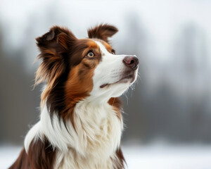 Red and White Border Collie standing guard in the ice landscape
