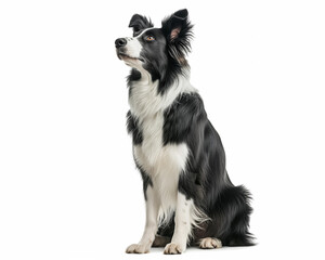 Black and white Border Collie sitting waiting for his owner on guard.