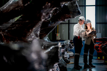 Sales manager and factory owner in suits negotiating selling robots used in the factory. Business engineers meeting and checking new machine robot. Workers walking at warehouse welding machine.