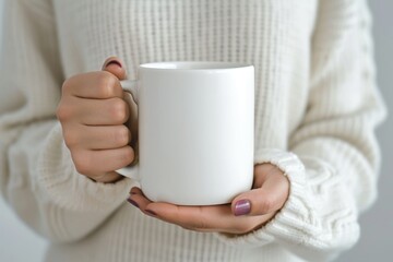 Hands holding a white mug.