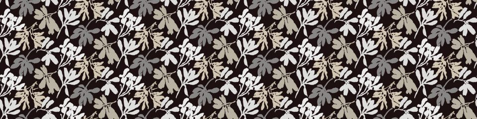 Masculine vector floral border with organic botanical shapes. Modern bold black white flower print, design in neutral scandi style.